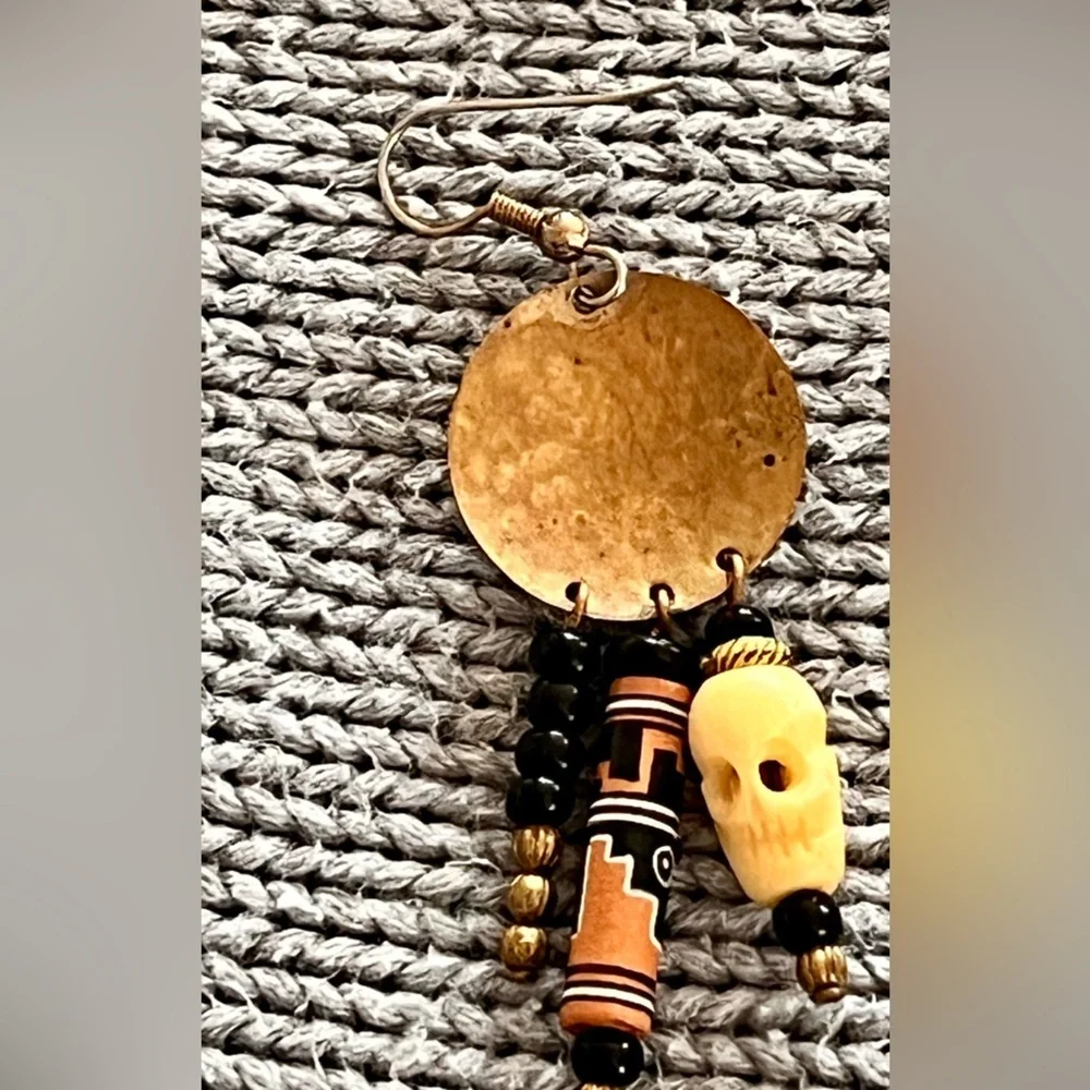 Peruvian Handmade Boho Tribal Skull Dangle Earrings Mixed Media Gold Black